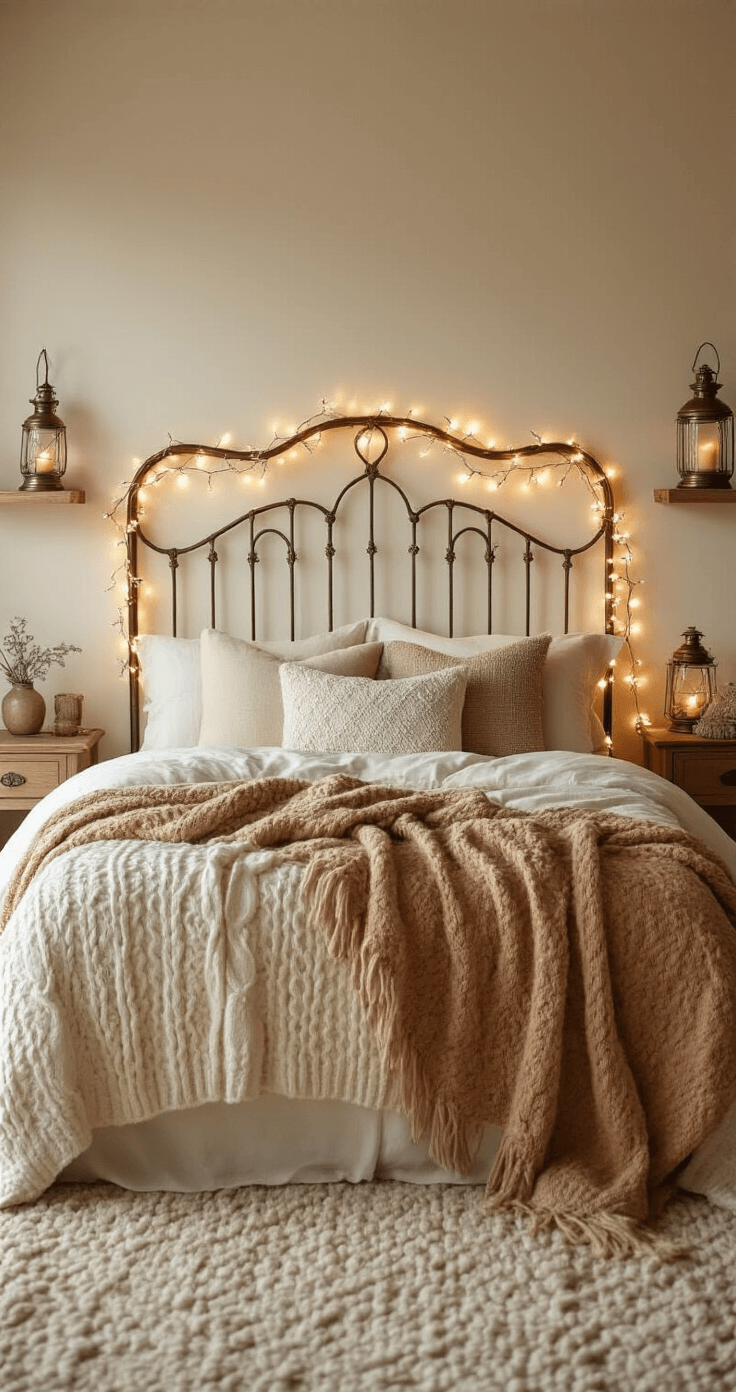 Cozy bedroom with fairy lights woven into a wrought iron headboard, warm copper glow illuminating textured cream walls. Layered winter throws in camel and ivory tones, vintage brass lanterns on shelves, and soft focus enhancing a magical atmosphere.