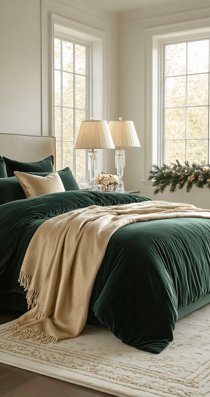 Luxurious holiday bedroom bathed in morning light, featuring rich velvet bedding in deep forest green, champagne gold cashmere throw, crystal table lamps with silk shades, and a fresh garland along the windowsill, complemented by a plush cream area rug with metallic threading.