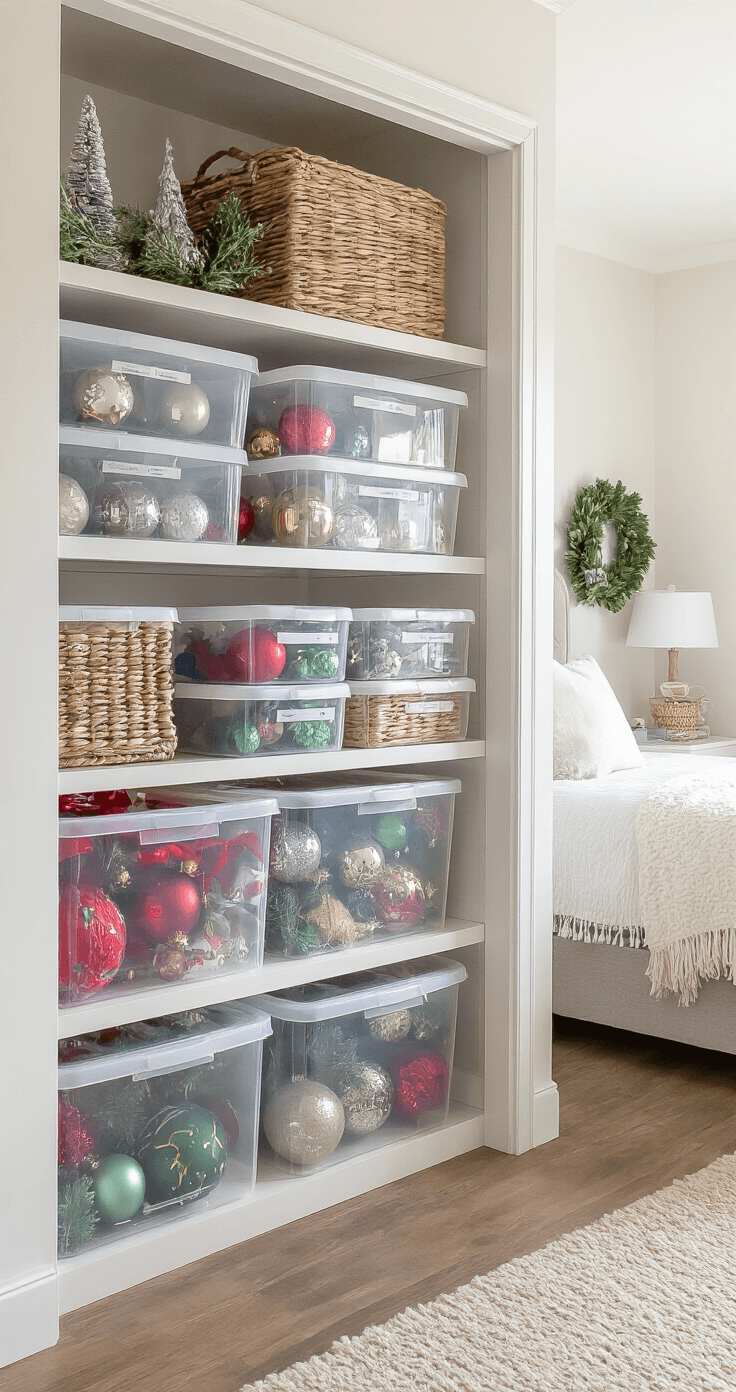 A well-organized bedroom storage area filled with labeled clear airtight containers and ornament storage boxes, showcasing a collection of Christmas decor in natural daylight, with a tastefully styled bedroom visible in the background.