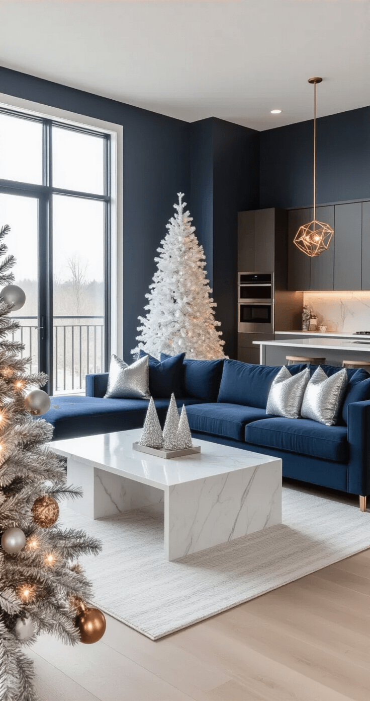 A modern living space with a navy blue sectional, silver metallic throw pillows, and a white marble coffee table, featuring a slim white Christmas tree adorned with silver ornaments and copper lighting, all illuminated by morning light from floor-to-ceiling windows. The room boasts pale wood floors and a cool-toned color palette of navy, silver, and white, with minimalist styling and clean lines.