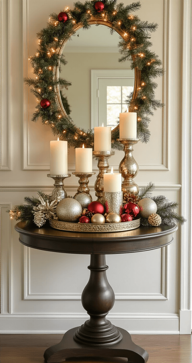Stylish entryway featuring a round pedestal table adorned with varying height pillar candles in mercury glass, grouped vintage ornaments, and layered metallic trays, set against a textured wall with wainscoting and an ornate mirror reflecting fairy lights and asymmetric garland. Rich textures in gold, bronze, cream, and deep red create a visually dramatic arrangement in bright midday natural light.