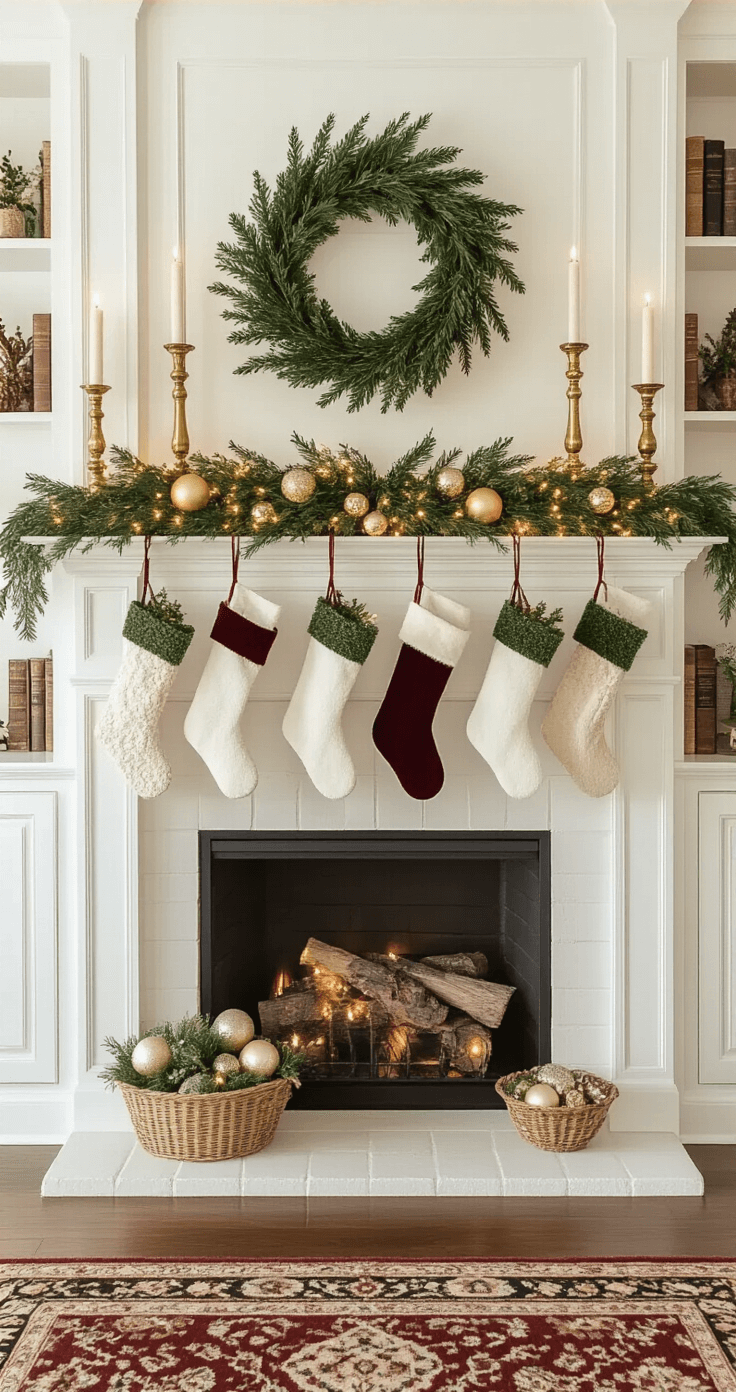 A beautifully styled mantel display featuring a white painted fireplace, symmetrical brass candlesticks, layered greenery garland, vintage ornaments in glass bowls, stockings hung with velvet ribbon, and fairy lights. Built-in bookcases showcase coordinated holiday accents, all highlighted in warm hues of ivory, gold, deep green, and burgundy during golden hour backlighting.