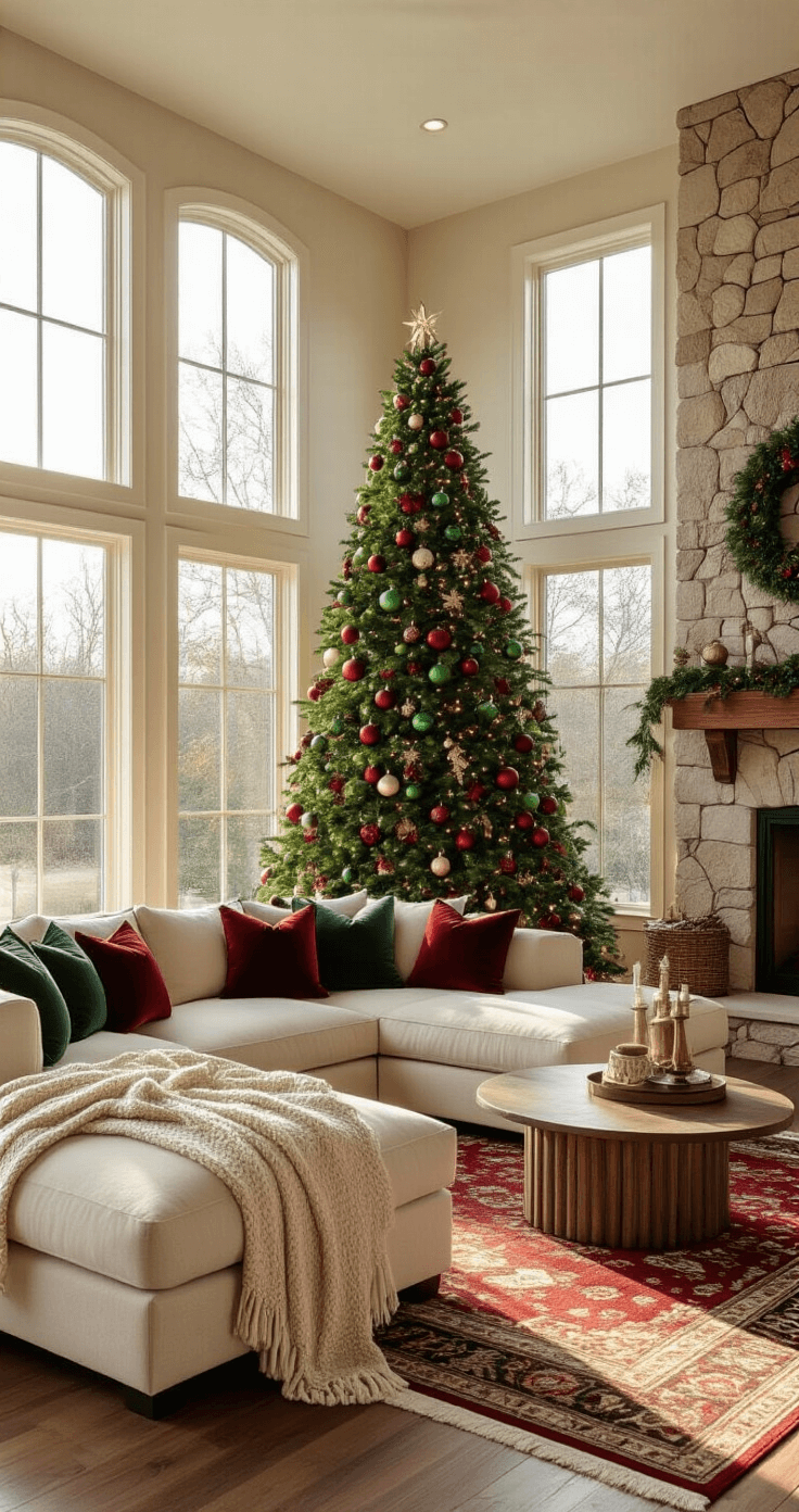 A cozy living room during golden hour, featuring a magnificent 8ft Christmas tree with vintage glass ornaments, a cream sectional sofa with velvet pillows, and a stone fireplace, all set against a warm, inviting atmosphere enriched by deep green and burgundy hues.