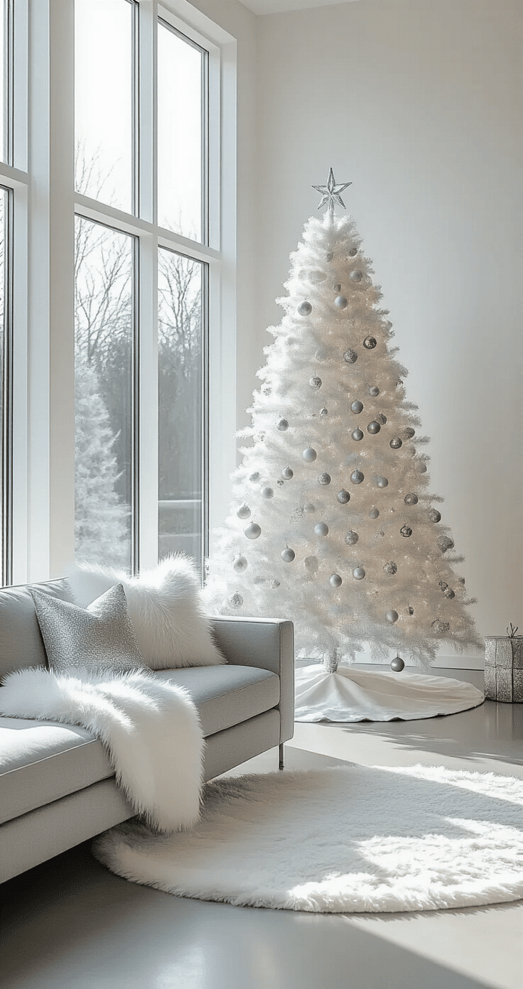 Modern minimalist living room featuring a sleek white Christmas tree adorned with silver and pearl ornaments. A low-profile gray sofa with white fur throws and metallic accent pillows complements the polished concrete floors beneath expansive floor-to-ceiling windows. The atmosphere is airy and elegant, showcasing a monochromatic palette of whites, silvers, and soft creams, with high contrast lighting highlighting clean architectural lines and negative space.