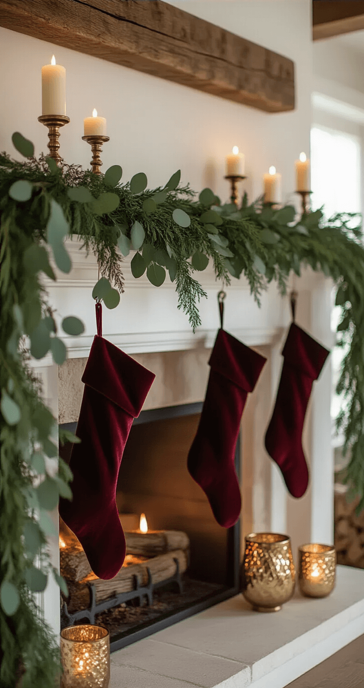 Cozy fireplace mantel adorned with lush green garland and eucalyptus, featuring brass candlesticks with ivory candles and mercury glass votives. Burgundy velvet stockings of varied heights hang against a white mantel, complemented by a sage green and cranberry color scheme. The rustic stone hearth and wood beam above add to the intimate atmosphere, illuminated by warm candlelight and soft shadows.