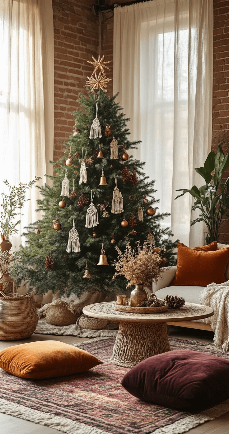 Boho-chic living room corner featuring an eclectic Christmas tree adorned with macrame ornaments and vintage brass bells, bathed in soft afternoon light. The scene includes a low Moroccan coffee table surrounded by velvet floor cushions, woven baskets, and layered vintage rugs on an exposed brick wall, all enhanced by a jewel tone palette. Plants are interspersed throughout, creating a relaxed, artistic vibe.