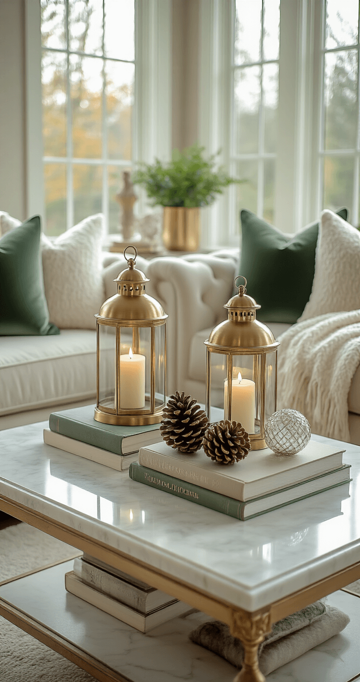 Elegant living room vignette featuring a marble coffee table adorned with brass hurricane lanterns, pinecone arrangements, and vintage books, all bathed in soft natural morning light. The scene includes a tufted ottoman with silk throw pillows and cashmere blankets, complemented by fresh greenery in brass planters, creating a sophisticated atmosphere in a refined color palette of sage green, cream, and antique brass.