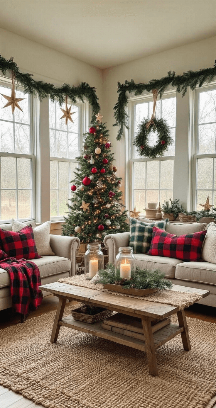 A cozy, budget-friendly living room filled with bright daylight from multiple windows, featuring DIY garlands, thrifted vintage ornaments, and handmade paper stars. The decor includes mixed materials like burlap, plaid flannel, natural wood, and galvanized metal. Repurposed furniture showcases holiday displays, with mason jar candles and pine bough arrangements, all in a warm color scheme of forest green, rustic red, and natural wood tones. The scene captures an authentic, homemade holiday charm in a documentary-style photograph.