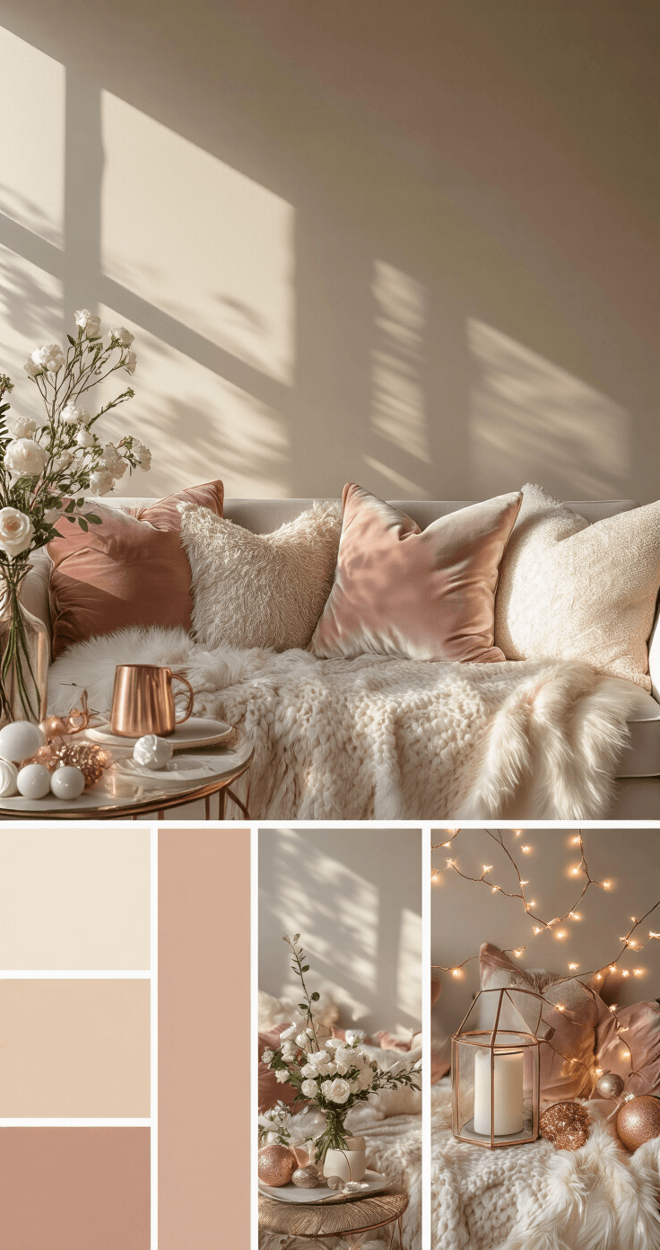 A beautifully styled holiday corner featuring layered textures of velvet and faux fur, with a curated palette of blush pink, rose gold, ivory, and soft gray. Warm golden hour light creates dramatic shadows and lens flares, highlighting coordinated throw pillows, draped blankets, and fresh white flowers among copper fairy lights. The arrangement exudes an aspirational yet perfectly imperfect aesthetic.