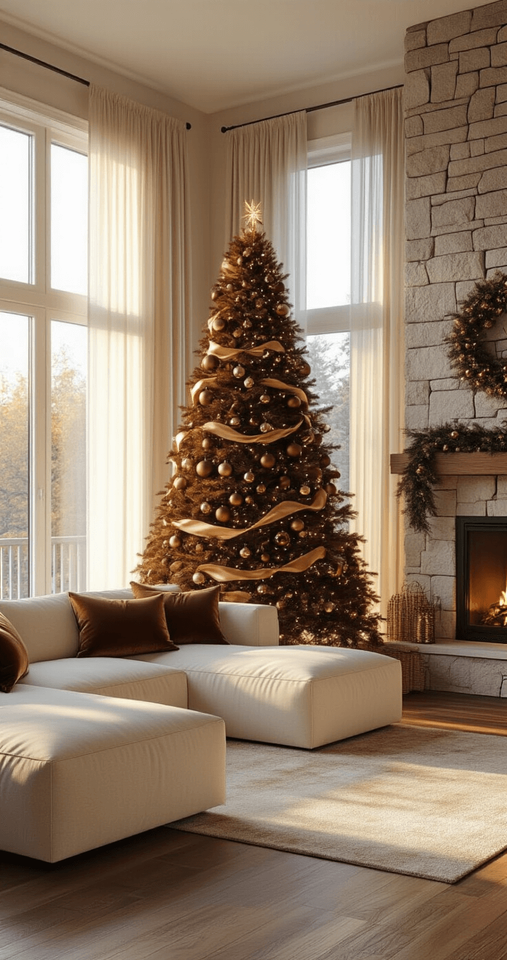 Photorealistic living room with an 8-foot brown Christmas tree adorned with rich chocolate velvet ornaments and warm white LED lights, beside floor-to-ceiling windows. Golden hour light casts amber shadows on hardwood floors, illuminating a plush cream sectional sofa and a stone fireplace, creating a cozy cabin atmosphere.