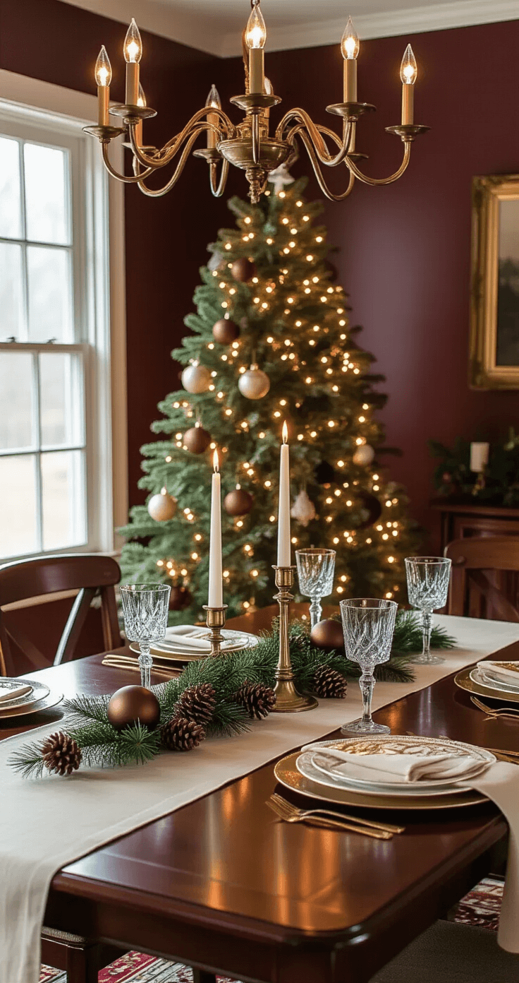 Intimate dining room with a brown Christmas tree and mahogany dining table set for a holiday dinner, softly lit by a brass chandelier and warm white tree lights, featuring matte brown ornaments, pinecone picks, and sage green velvet ribbons. The cream linen tablecloth is adorned with gold charger plates and crystal stemware, set against rich burgundy walls and a Persian rug, creating a sophisticated atmosphere.