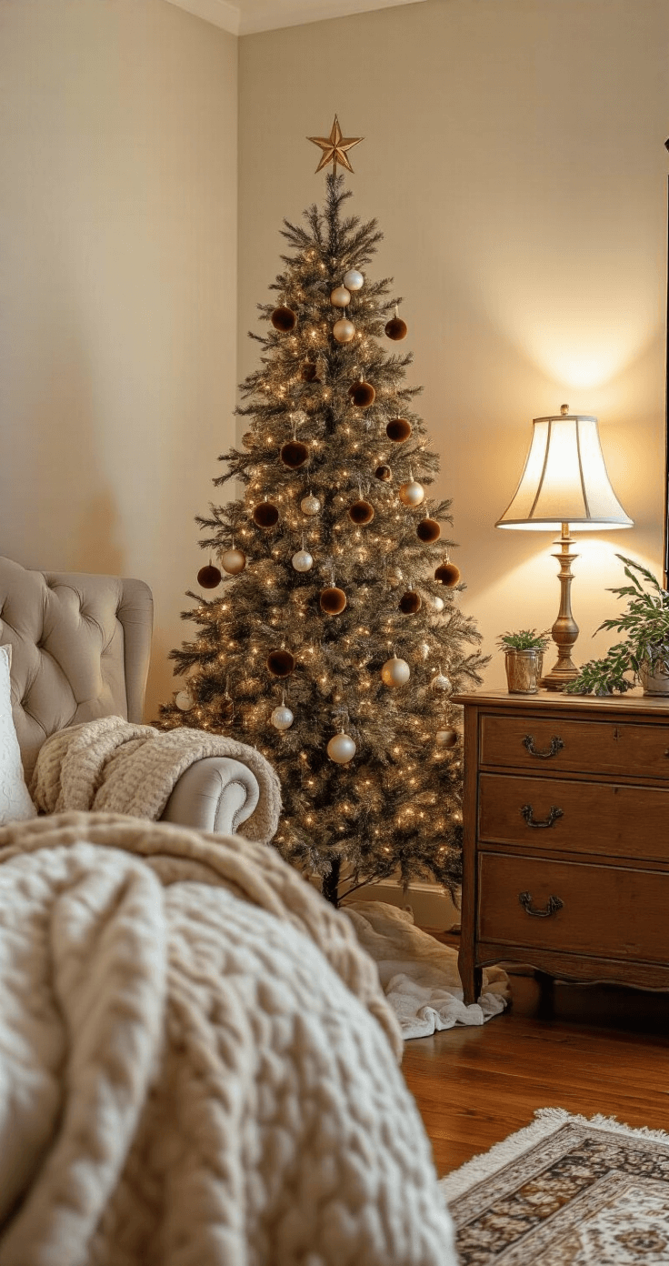 Cozy bedroom corner with a 4-foot brown Christmas tree on a vintage wooden dresser, softly illuminated by a bedside lamp, featuring velvet brown ornaments and gold chains, a caramel quilted throw on a reading chair, hardwood floors, a vintage area rug, and potted plants, creating a peaceful sanctuary with warm evening lighting.