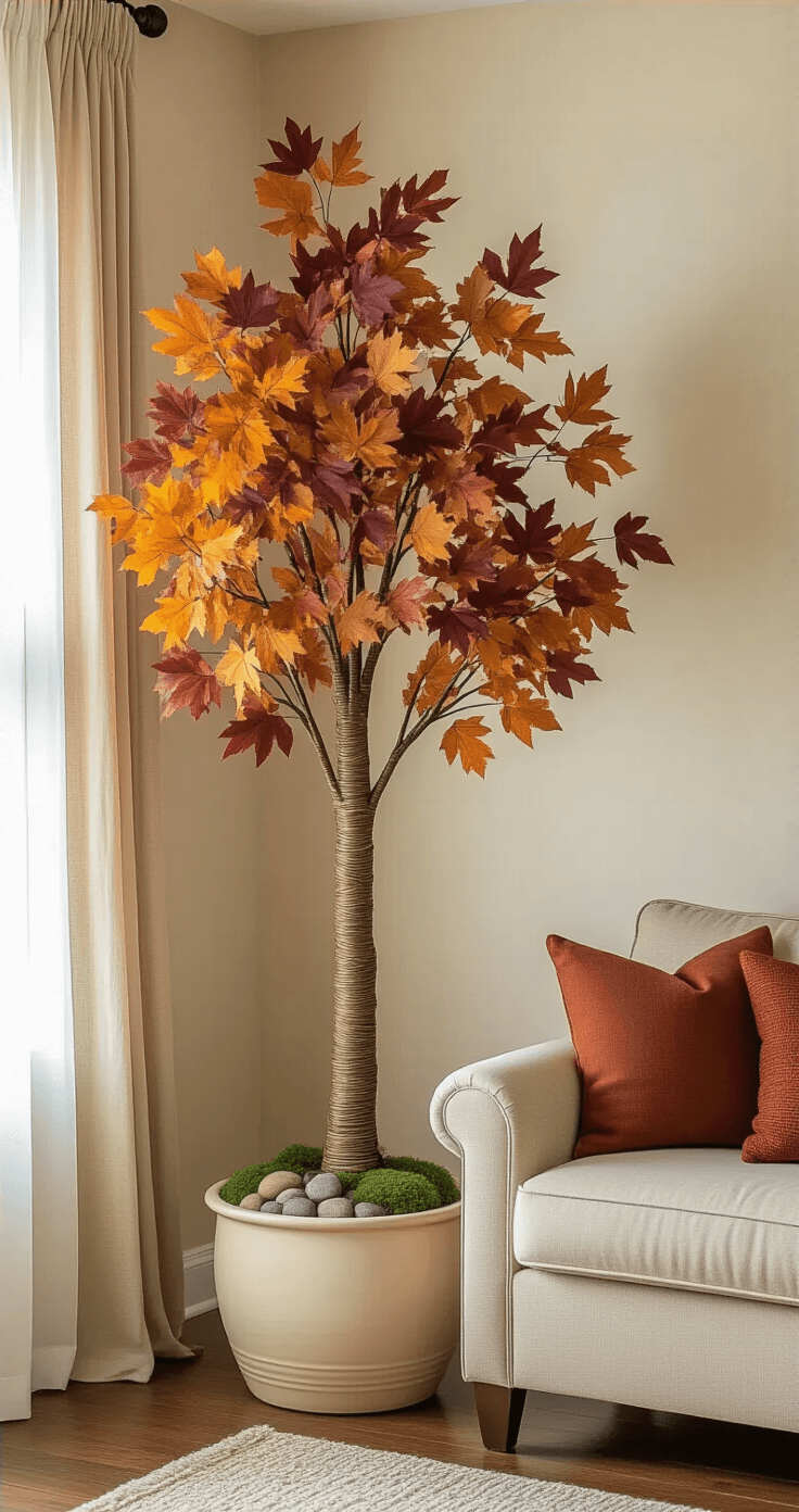 A warm living room featuring a DIY leaf tree made from a brown-painted broomstick wrapped in masking tape, decorated with vibrant faux autumn leaves, planted in a cream ceramic pot with river rocks and emerald moss, with golden hour light streaming through sheer curtains, a cozy beige sectional sofa nearby, and a hygge atmosphere.