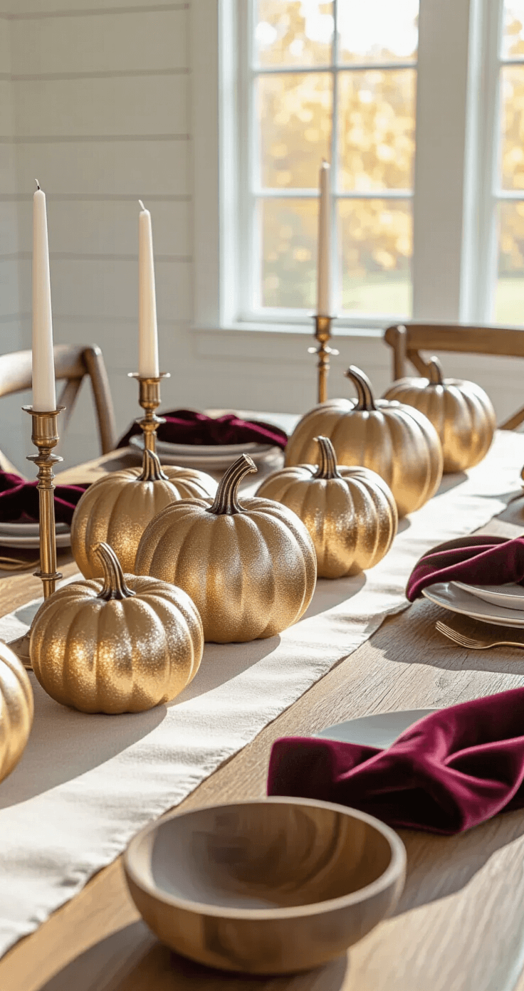 Elegant dining room centerpiece with metallic gold and copper Dollar Tree pumpkins, some wrapped in burgundy velvet ribbon, arranged on a cream linen table runner over a natural wood dining table. Warm afternoon sunlight highlights the scene, featuring brass candlesticks, vintage wooden bowls, and a soft white shiplap accent wall.