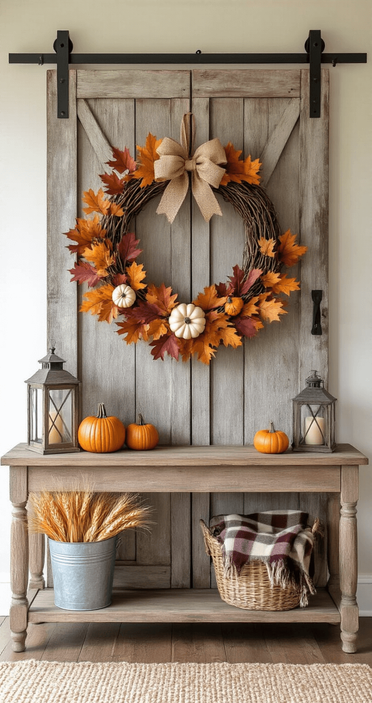 Rustic entryway with a handmade fall wreath on a weathered barn door, adorned with faux pumpkins and maple leaves, featuring a wooden console table with corn stalks and vintage lanterns, all illuminated by soft morning light.