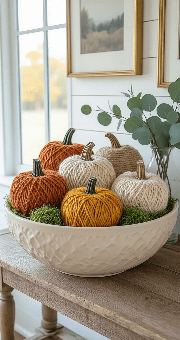 Stylish console table featuring a large cream ceramic bowl filled with yarn-wrapped pumpkins in rust, mustard, and ivory colors, surrounded by faux moss. The display is illuminated by late afternoon light, set against white shiplap walls and a reclaimed wood console. Brass picture frames and eucalyptus stems in a glass vase enhance the modern farmhouse aesthetic.