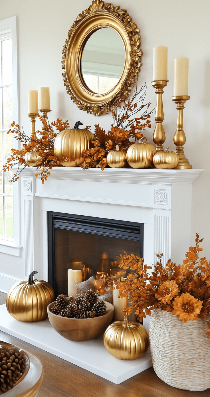 Sophisticated autumn-themed mantelpiece featuring a white fireplace adorned with three metallic pumpkins, five brass pillar candle holders, and faux autumn branches. The scene is illuminated by warm golden hour light, highlighting a color palette of rust, gold, and cream, with vintage brass mirrors, a wooden bowl of pine cones, and a casually draped garland.