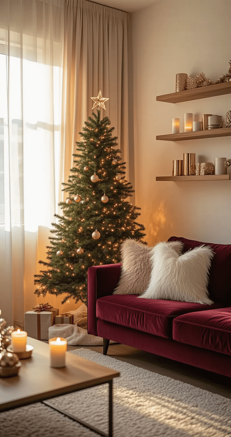 A cozy studio apartment interior featuring a slim pencil Christmas tree adorned with warm white lights, a burgundy velvet sofa with cream faux fur pillows, and rose gold metallic accents, illuminated by golden hour sunlight through sheer curtains, creating an intimate holiday atmosphere with a blush pink and champagne gold color palette.