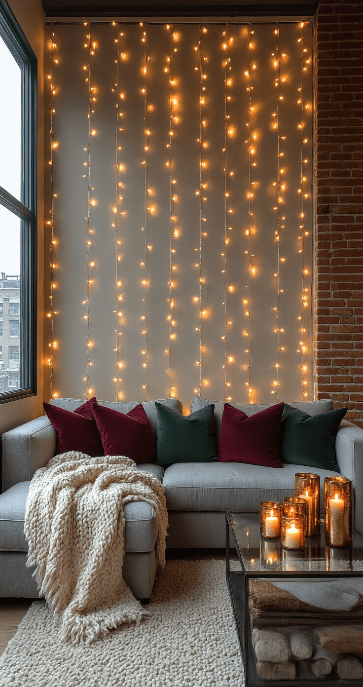 Cozy modern living room featuring a gray sectional adorned with burgundy and forest green throw pillows, a glass coffee table with metallic copper candle holders, and a textured cream wool blanket. The space is illuminated by natural afternoon light and vertical cascading warm white string lights against an exposed brick accent wall, creating a festive red-green Christmas ambiance with an emphasis on vertical space.