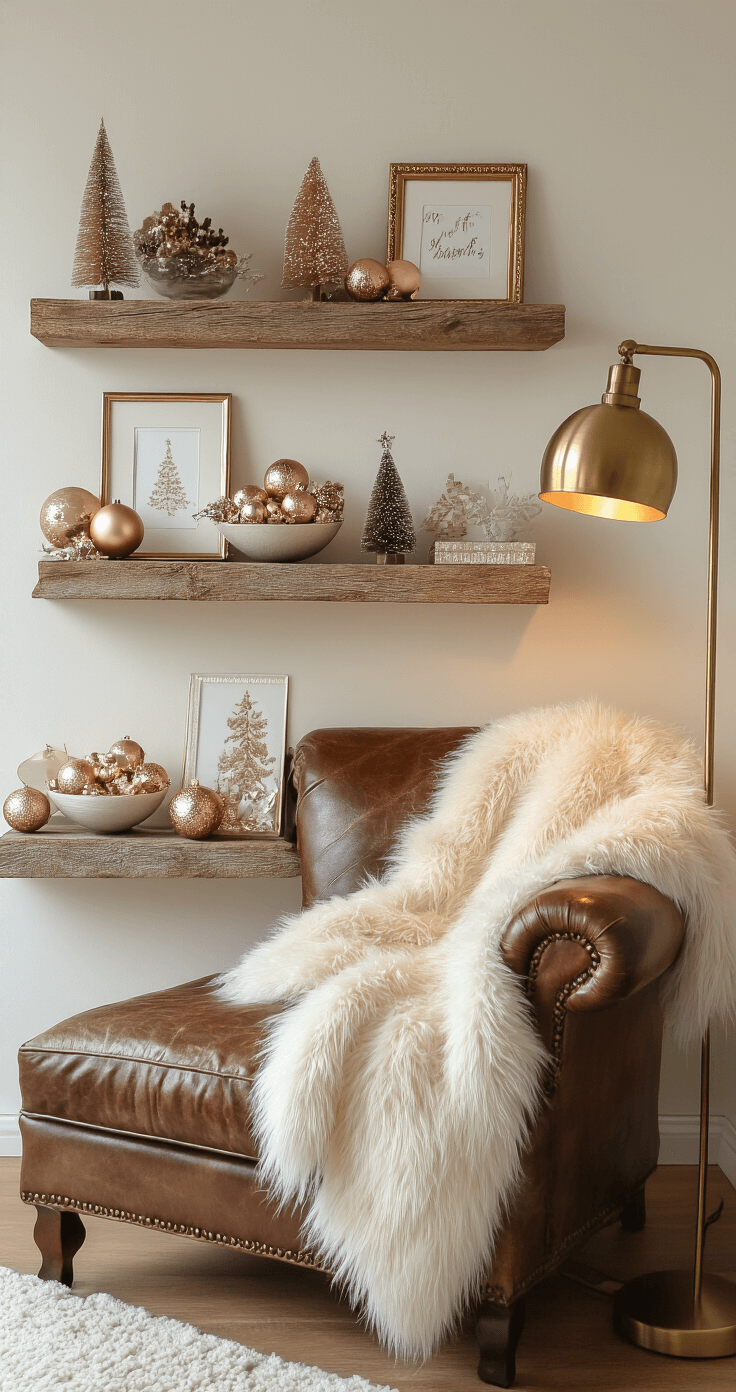 A cozy apartment corner showcasing a soft morning light atmosphere; reclaimed wood floating shelves display layered holiday decor, including rose gold ornaments in glass bowls and metallic frames with holiday cards. A vintage leather chair draped with an ivory faux fur throw complements the warm brass table lamp, creating an inviting reading nook with neutral metallics and cream and gold tones.