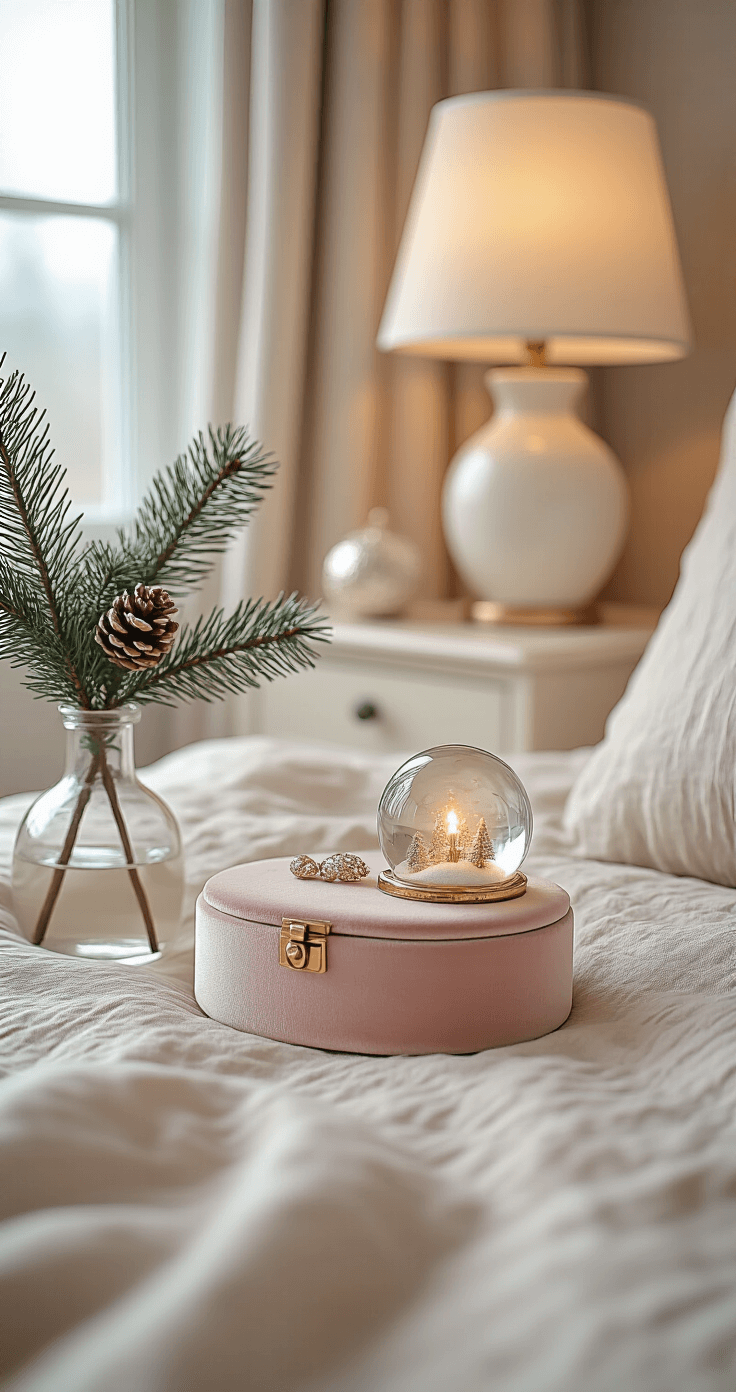 Close-up view of a small bedroom nightstand featuring a space-saving Christmas vignette with miniature snow globes, a dusty rose velvet jewelry box, and a cream ceramic lamp emitting warm light. A single stem of artificial holly rests in a slim glass vase, surrounded by layered textures of linen and silk in blush pink and gold hues, reflecting a Scandinavian minimalist aesthetic with festive touches against white oak furniture.