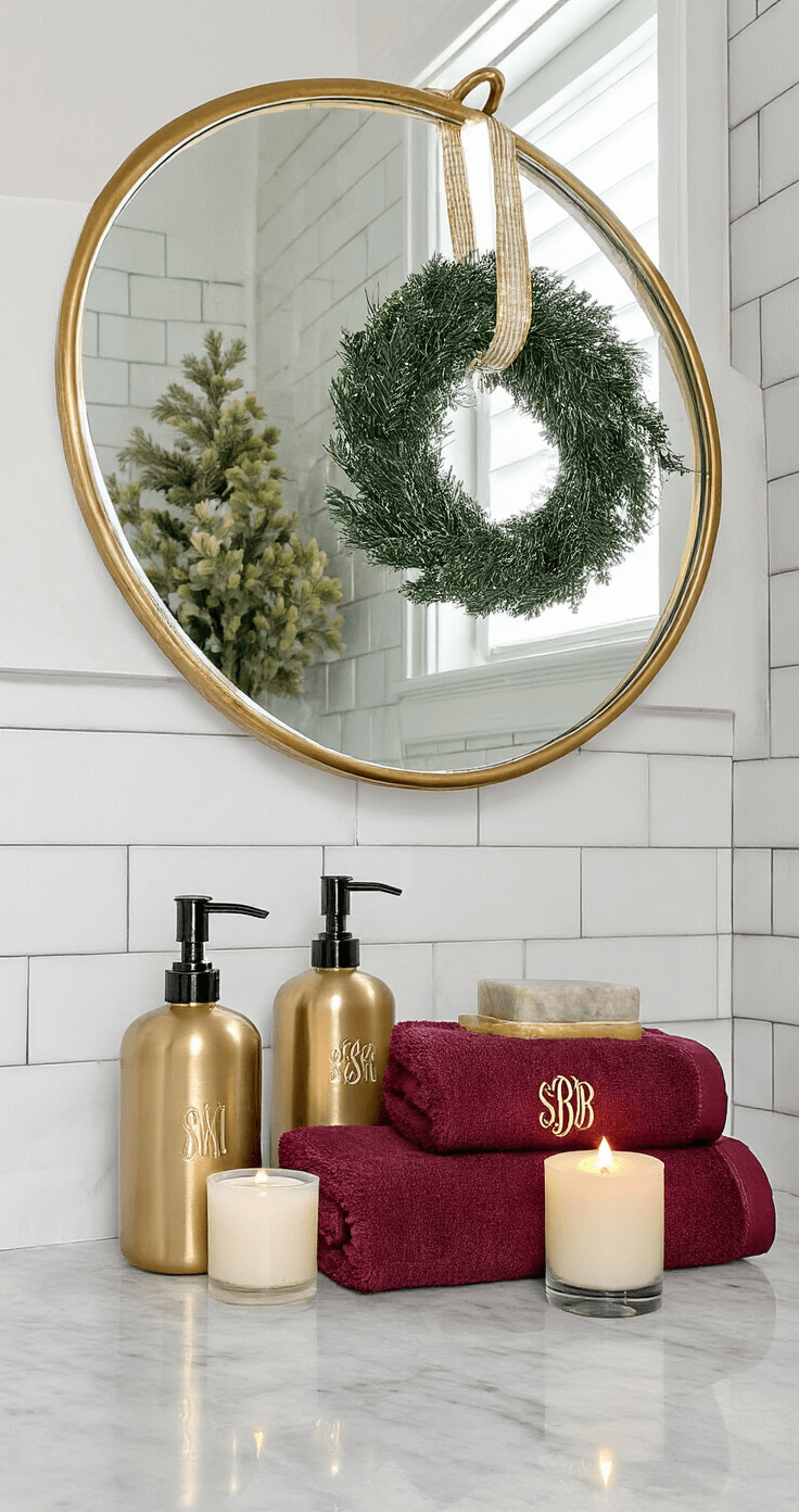 A compact bathroom vanity styled for the holidays with natural daylight streaming through a frosted window, featuring metallic gold soap dispensers, a miniature wreath on a circular mirror, burgundy hand towels with gold monogram, and battery-operated pillar candles on a marble countertop; the reflection enhances the luxurious, spa-like ambiance with rich jewel tones against white subway tiles.