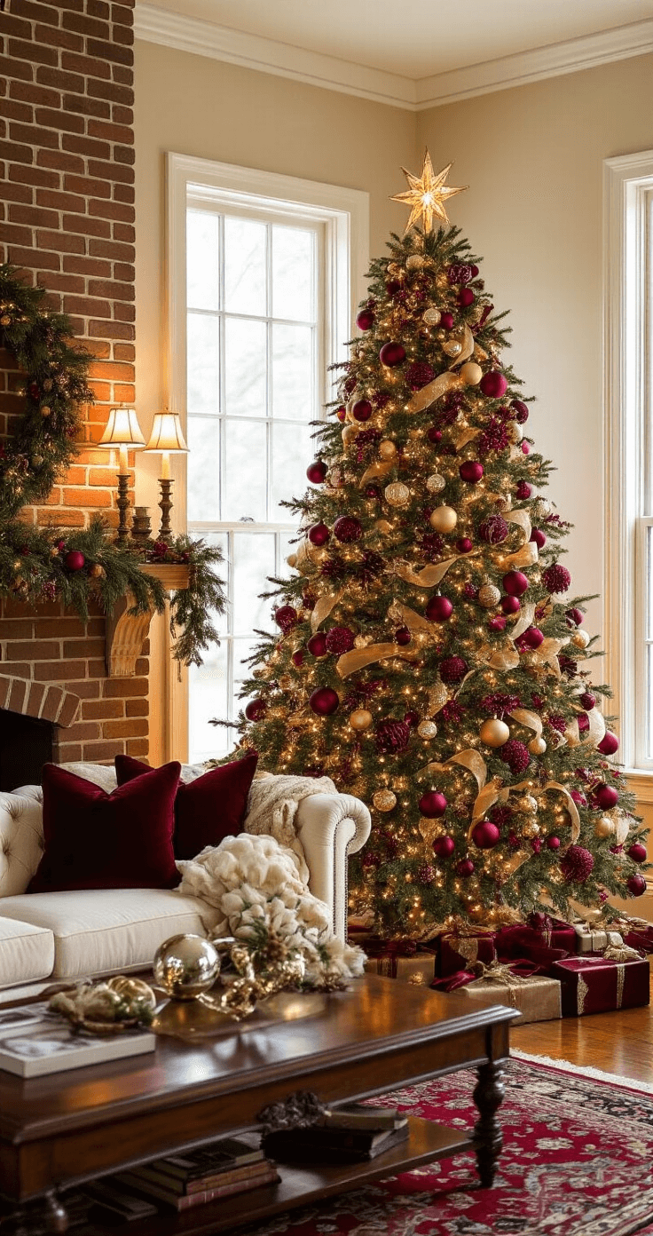 A beautifully decorated 8-foot Christmas tree draped in deep burgundy red and antique gold ornaments stands elegantly in a warm living room, illuminated by soft evening lighting from table lamps and the tree's LED lights, surrounded by a cream velvet sofa and mahogany coffee table. Rich textures of wool throw pillows and a deep red Persian rug enhance the sophisticated holiday ambiance.