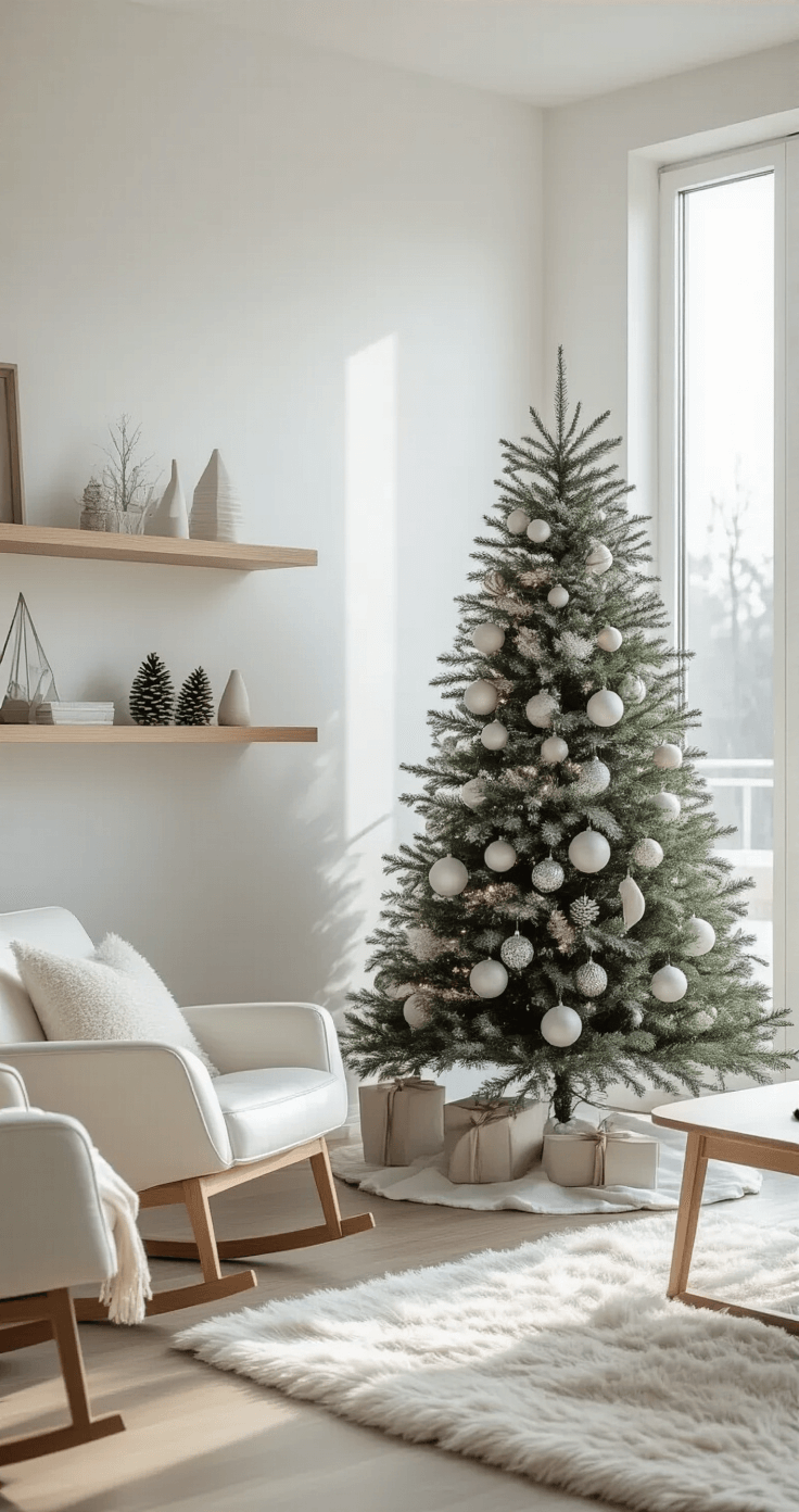 A modern minimalist Christmas tree adorned with white, silver, and natural wood ornaments stands against a white wall in a contemporary living space. Bright morning light pours through floor-to-ceiling windows, illuminating the serene decor featuring Scandinavian furniture in light oak, white leather chairs, and concrete floors with sheepskin rugs. Geometric ornaments and bleached pinecones contribute to a peaceful, zen-like atmosphere.