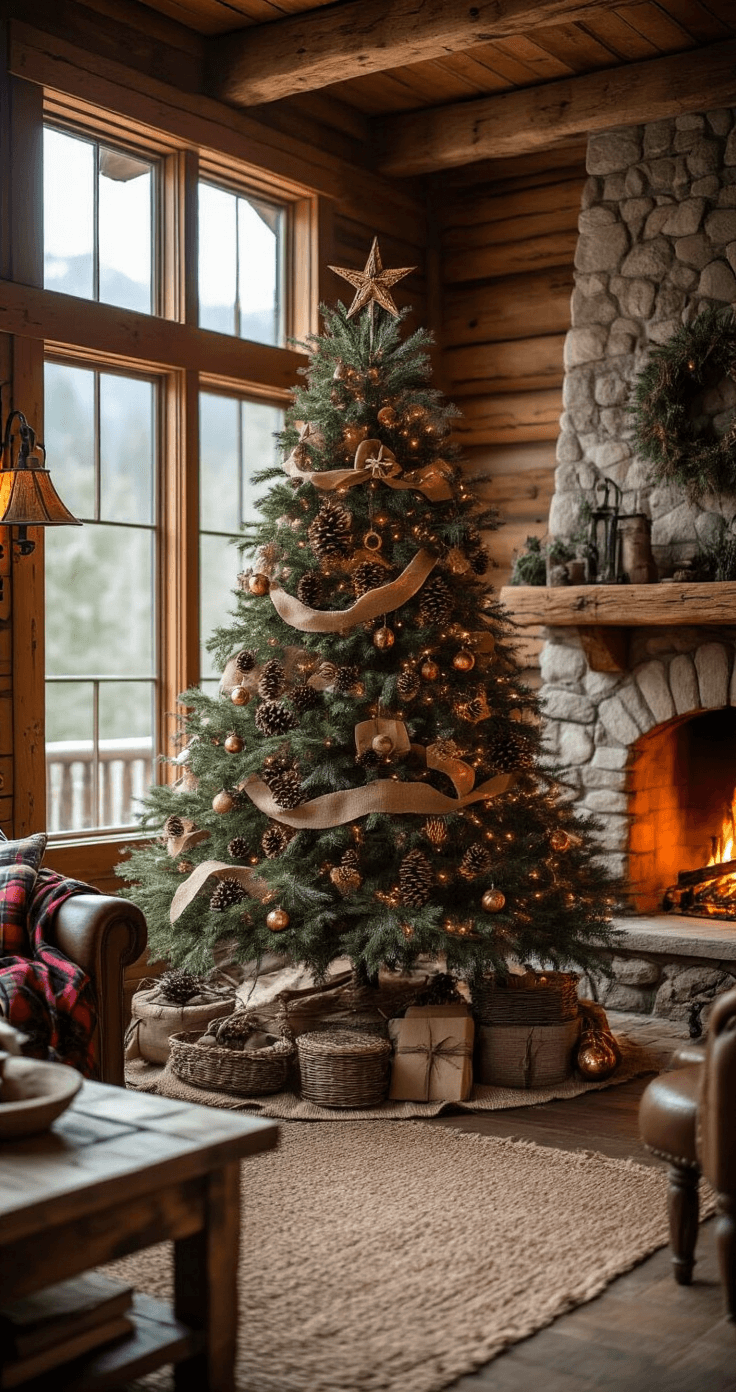 A rustic 8-foot Christmas tree adorned with burlap, pinecones, and copper accents stands near a stone fireplace with a crackling fire, bathed in warm golden hour light. Handmade ornaments, twine ribbons, and dried orange slices enhance the authentic forest feel. The cozy cabin setting features leather furniture with plaid throws, a reclaimed wood coffee table, and vintage lanterns, all emphasizing mountain lodge warmth and tactile richness.