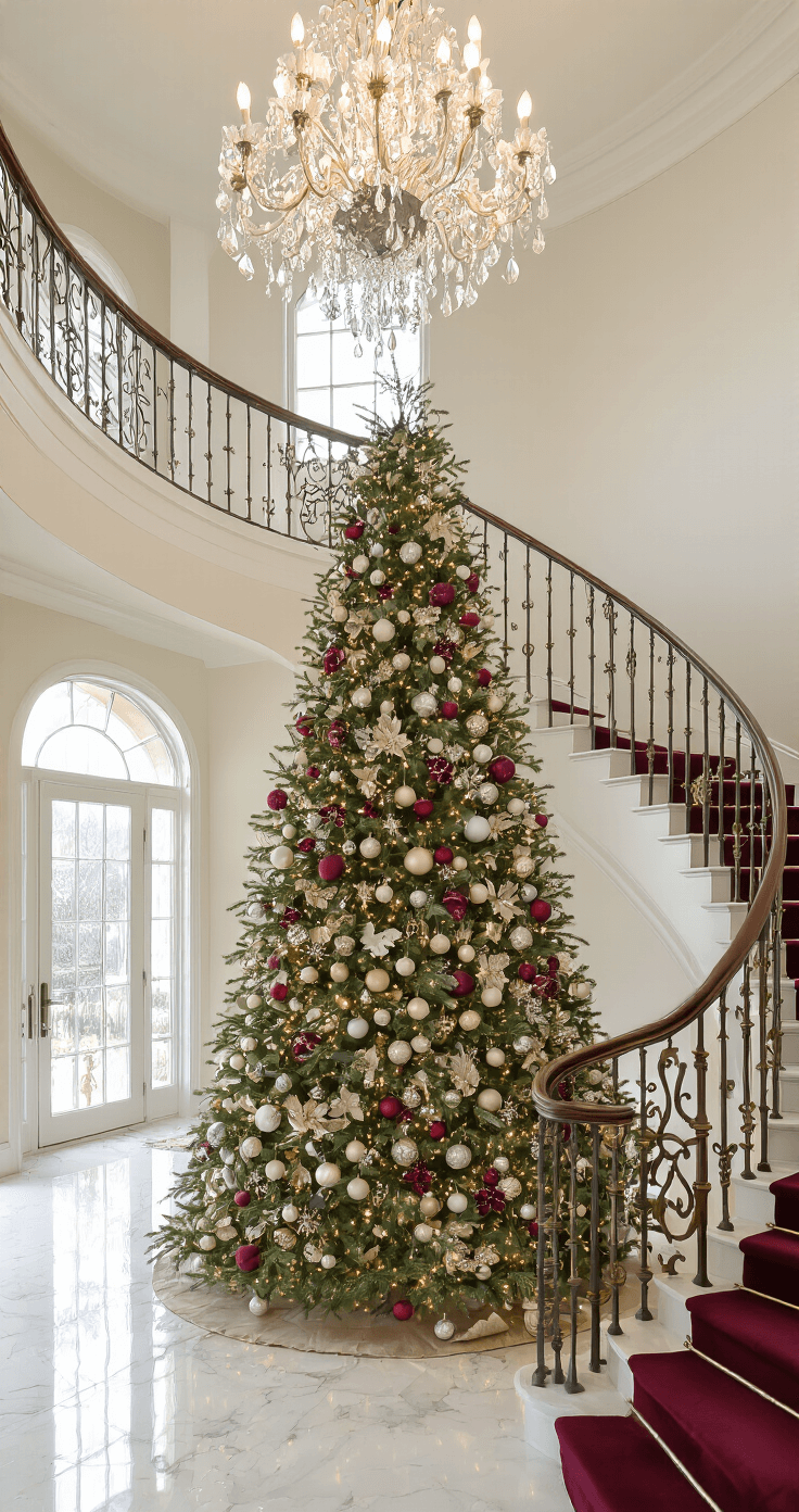 An elegantly designed 9-foot Christmas tree in a grand two-story foyer, featuring strategically placed large, medium, and delicate ornaments that create a perfect visual hierarchy, under soft morning light from a chandelier and side windows. Marble floors and a burgundy velvet stair runner complete the opulent setting, with metallic ornament finishes reflecting the chandelier's sparkle.