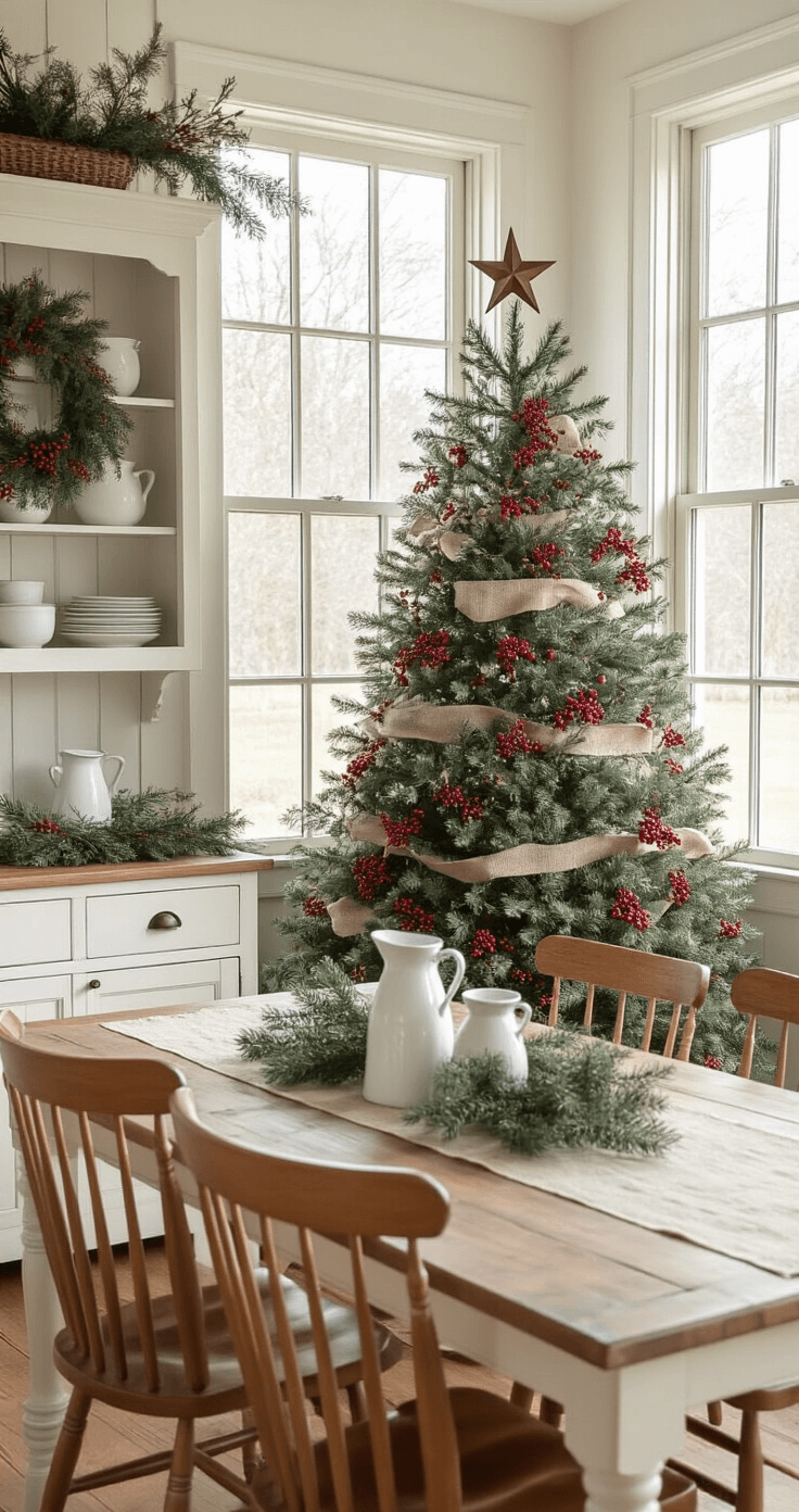A 7-foot Christmas tree adorned with natural picks, pine boughs, red berry clusters, and burlap ribbons stands in a warm, farmhouse dining room, illuminated by soft afternoon light filtering through mullioned windows, casting geometric shadows. A built-in hutch displays white dishes, while a rustic table with Windsor chairs and vintage milk jugs as vases completes the cozy holiday scene.