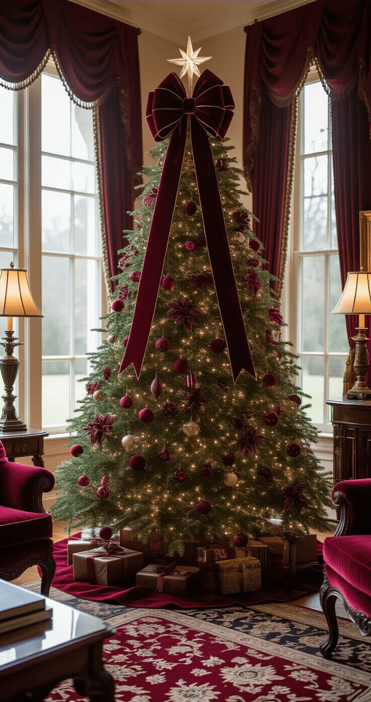 A sophisticated Christmas tree adorned with a rich burgundy velvet bow, illuminated by soft warm evening lighting in a formal living room, featuring antique furniture and rich textures that evoke old-world elegance.