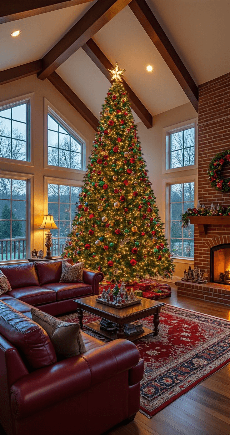 Wide-angle view of a spacious family room featuring a tall Christmas tree adorned with colorful lights and vintage ornaments, a plush burgundy sectional, a glowing brick fireplace, and cozy holiday décor, all illuminated by soft evening twilight.