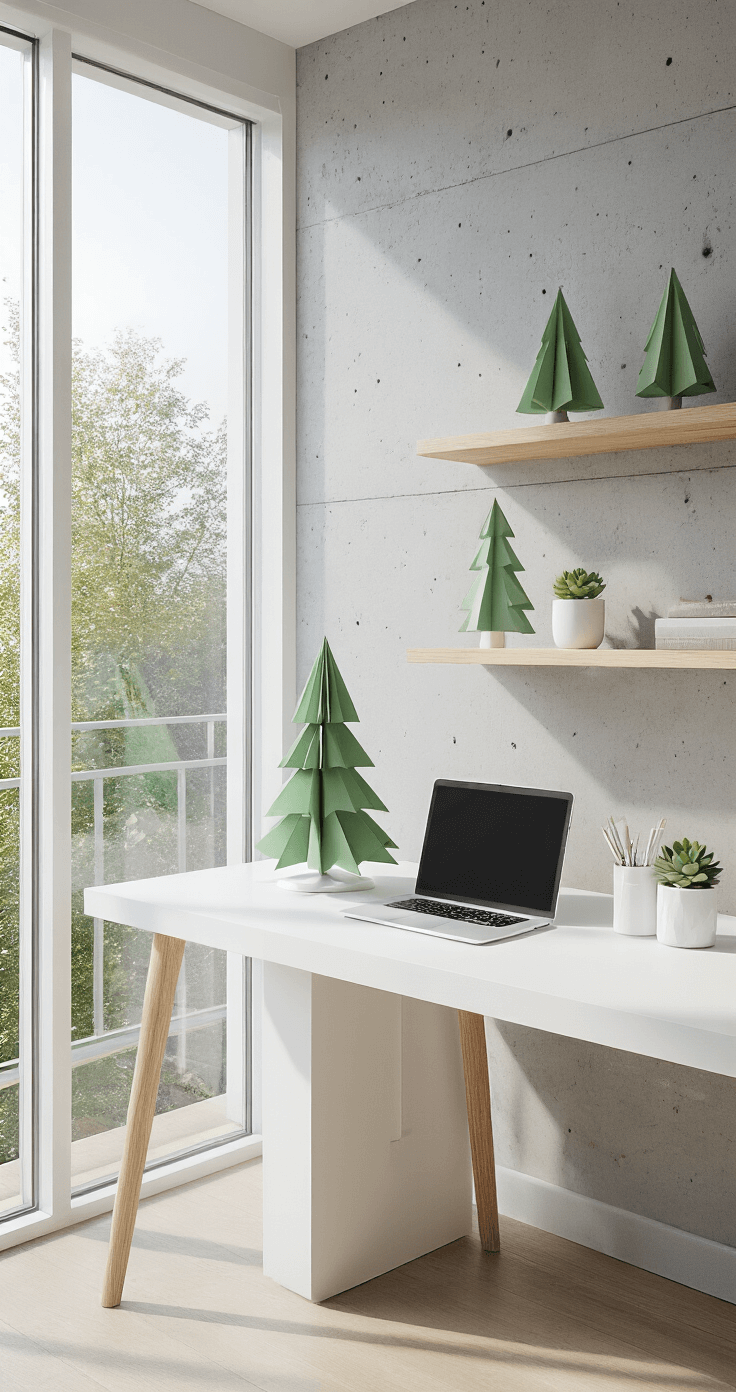 Modern home office corner with floor-to-ceiling windows, a concrete accent wall, and a minimalist white desk featuring a geometric sage green cardstock Christmas tree, a ceramic pen holder, a succulent, and a laptop, highlighted by natural afternoon light. Light oak floating shelves display small coordinating paper trees, creating a serene workspace aesthetic.