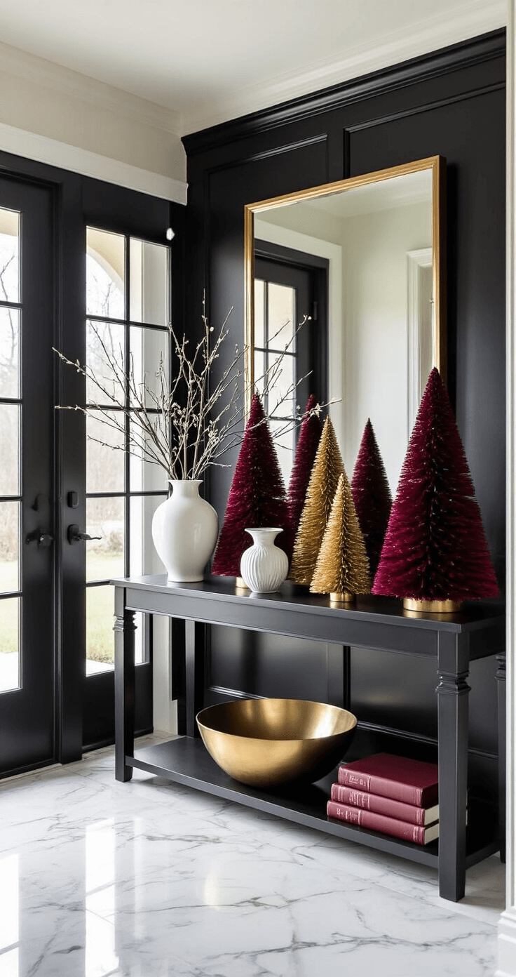 Elegant foyer with marble flooring, a dramatic black accent wall, and soft morning light through frosted glass doors. Features a console table with burgundy and gold paper Christmas trees, a vintage brass bowl, a white ceramic vase with winter branches, and leather-bound books, all reflected in an oversized mirror, creating a warm holiday welcome.