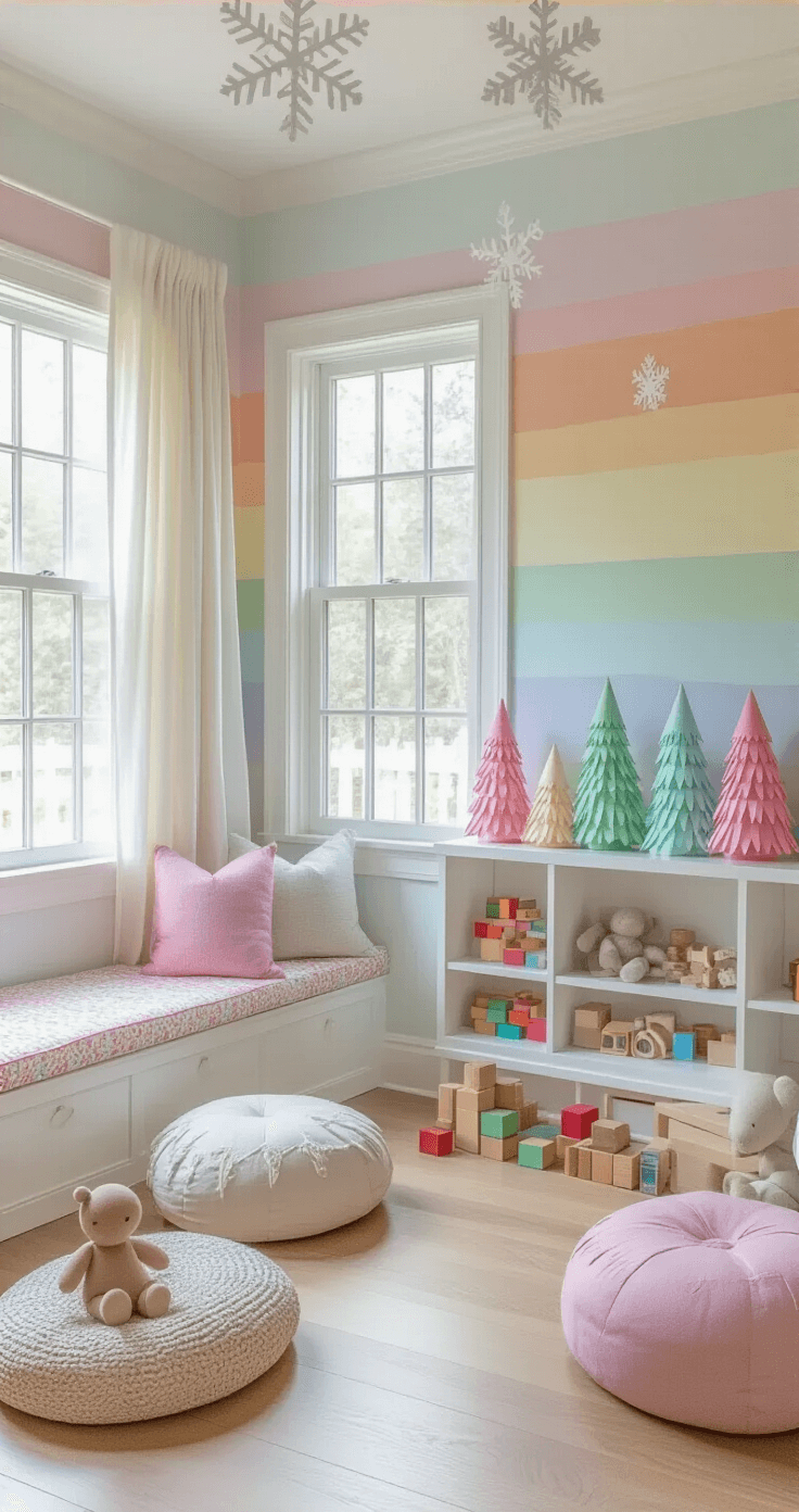 Whimsical children's playroom corner with pastel rainbow walls and white oak flooring, featuring a low white bookshelf of colorful paper Christmas trees, handmade snowflakes above, cozy floor cushions, and playful wooden toy blocks and stuffed animals, all captured at child's eye level with soft, vibrant lighting.