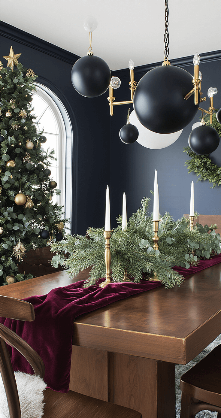Sophisticated dining room featuring a mahogany table with a velvet burgundy runner, oversized dark metallic Christmas ornaments as centerpiece, an 8-foot artificial black Christmas tree adorned with matte gold baubles and forest green accents, and preserved dark eucalyptus garlands, all set against midnight navy walls.