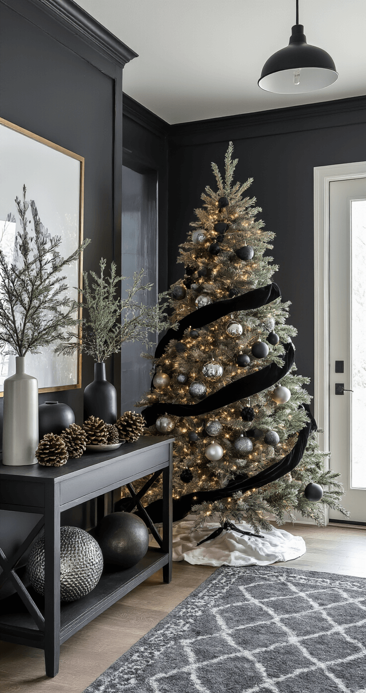 Minimalist entryway featuring a moody 7-foot Christmas tree decorated with mercury glass ornaments and black velvet ribbon against a charcoal accent wall, complemented by a sleek dark walnut console table with curated decor, a geometric deep gray area rug, and natural light filtering through a frosted glass door.