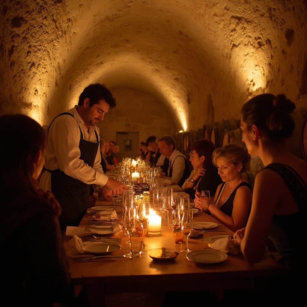 Visitors enjoying a wine tasting experience in a historic Andalusian castle cellar with stone archways, vaulted ceilings, wooden barrels, a local winemaker pouring wine, candlelight illuminating stone surfaces, and rustic wooden tables.