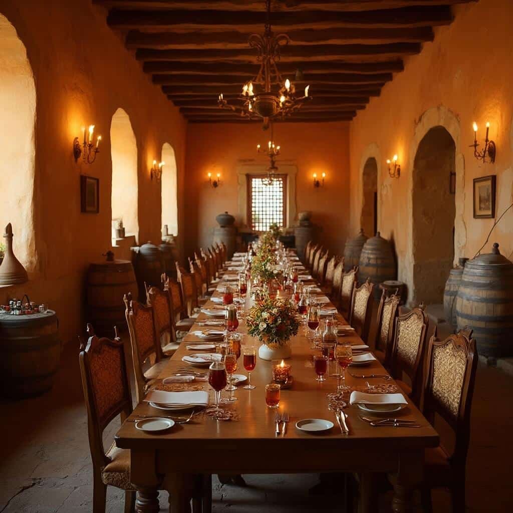 Andalusian wine tasting scene in historic castle interior with terracotta tones, wooden tables, Spanish sherry glasses, medieval windows, ceramic vessels and wine barrels