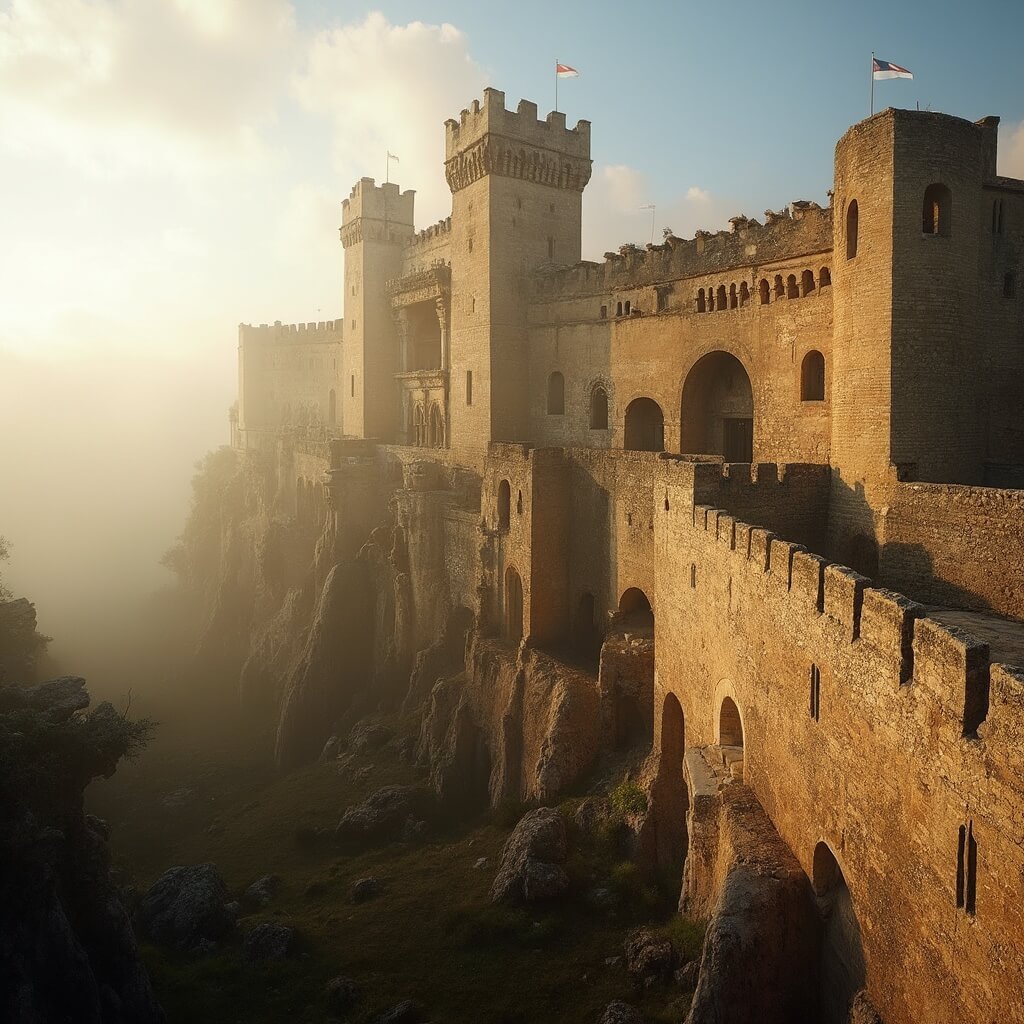 Majestic 13th-century medieval stone castle in Andalusia, Spain, bathed in golden sunlight with towering defensive structures, intricate architectural details, surrounded by a misty morning landscape.