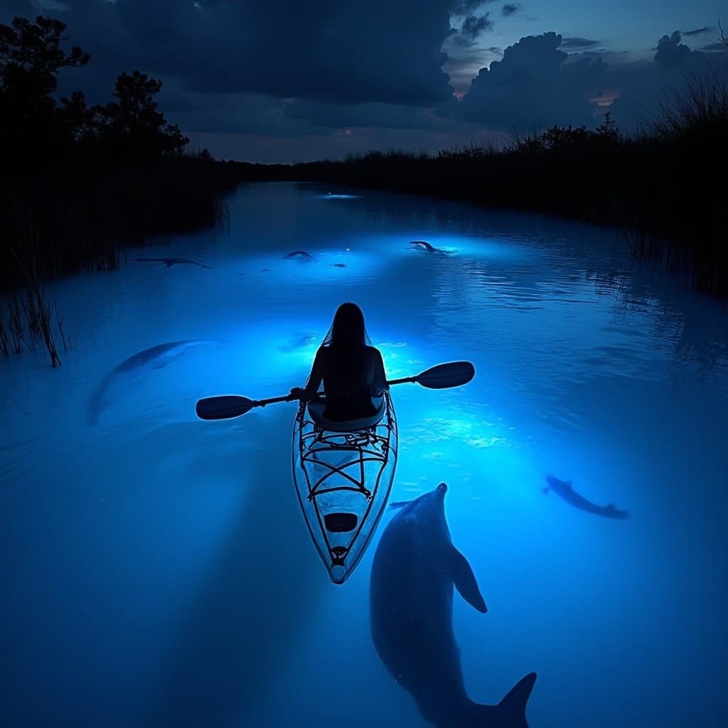 Clear-bottom kayak on a glowing blue lagoon with luminescent dolphins, rays, and fish creating luminous trails, manatees gently gliding, against the backdrop of marsh grasses and mangroves in Merritt Island's ecosystem on a summer evening.