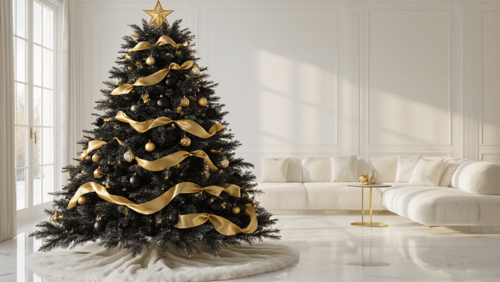 Elegant black Christmas tree adorned with gold ornaments and ribbons, set in a modern minimalist living room with cream marble floors and warm golden hour lighting.