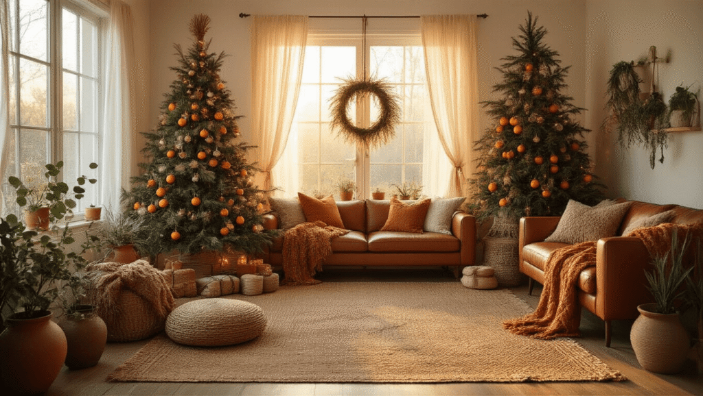 Cozy boho Christmas living room with pampas grass ornaments, macrame garlands, and dried orange slices on a 7-foot tree, featuring warm textiles, leather sofa, and ambient lighting during golden hour.