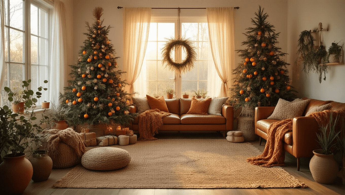 Cozy boho Christmas living room with pampas grass ornaments, macrame garlands, and dried orange slices on a 7-foot tree, featuring warm textiles, leather sofa, and ambient lighting during golden hour.
