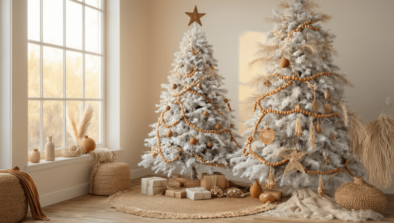 Cinematic wide shot of a bohemian Christmas tree adorned with pampas grass and wooden beads, featuring handmade ornaments, a rattan star topper, and warm golden hour lighting in a cozy living room setting.