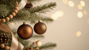 Cinematic close-up of a brown Christmas tree branch decorated with chocolate velvet ornaments, bronze baubles, wood bead garland, and pinecone picks, set against a soft cream background with warm golden hour lighting.