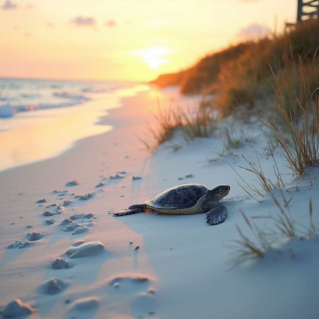Coastal ecosystem at Canaveral National Seashore during sunrise featuring sea turtle tracks, feeding shorebirds, native dune vegetation, and an observation platform with a soft morning mist