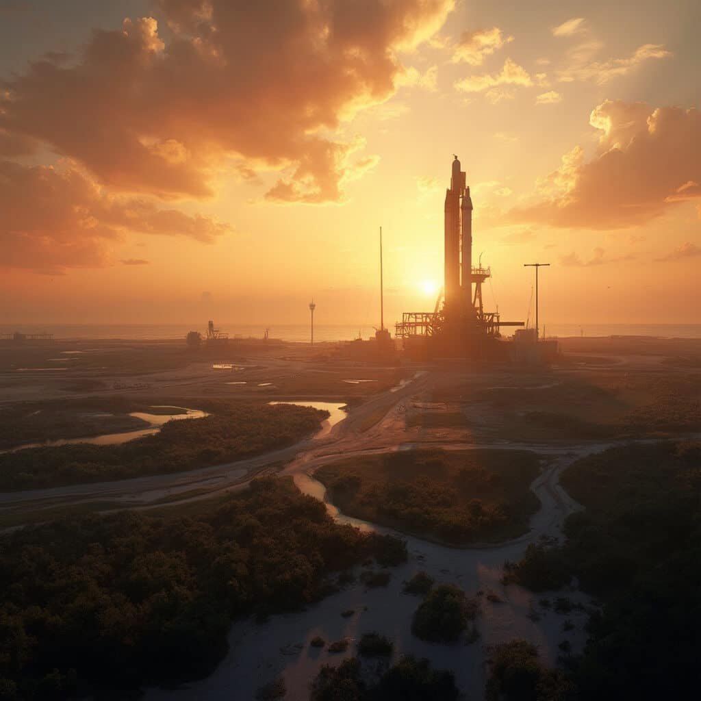 Dramatic sunrise at Cape Canaveral Rocket Launch Complex with silhouette of massive rocket and detailed technological infrastructure, integrated with natural coastal ecosystem and wildlife preservation zones