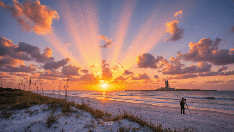 "Photographer capturing sunrise over Playalinda Beach at Canaveral National Seashore with distant silhouette of Kennedy Space Center"
